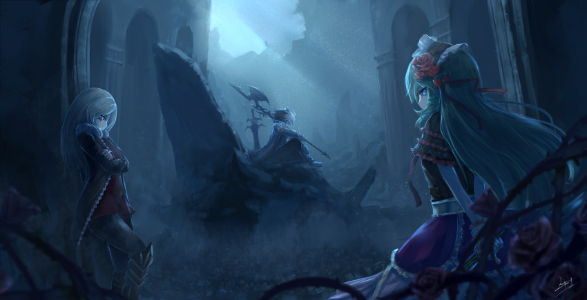 3girls, absurdres, armored_boots, arms_behind_back, black_coat, black_shirt, blue_eyes, boots