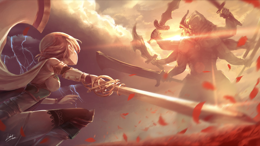 1boy, 1girl, absurdres, armor, armored_boots, blurry, boots, brave_frontier