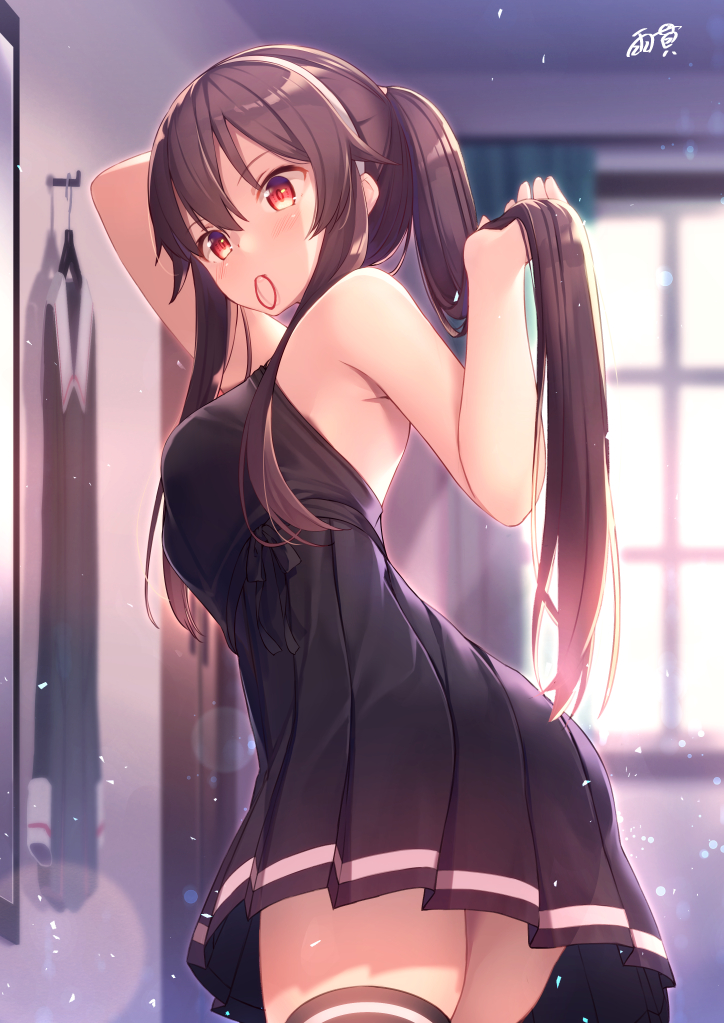 .live, 1girl, amanuki-san, bare_shoulders, black_dress, black_thighhighs, brown_hair, dress