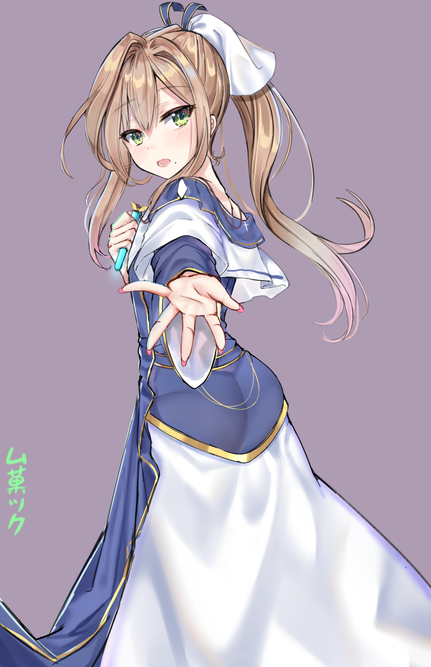 1girl, absurdres, ass, blue_robe, blush, brown_hair, commentary_request, cowboy_shot