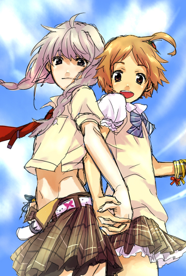 2boys, :d, atlus, back-to-back, bad_id, bad_pixiv_id, belt, brown_hair