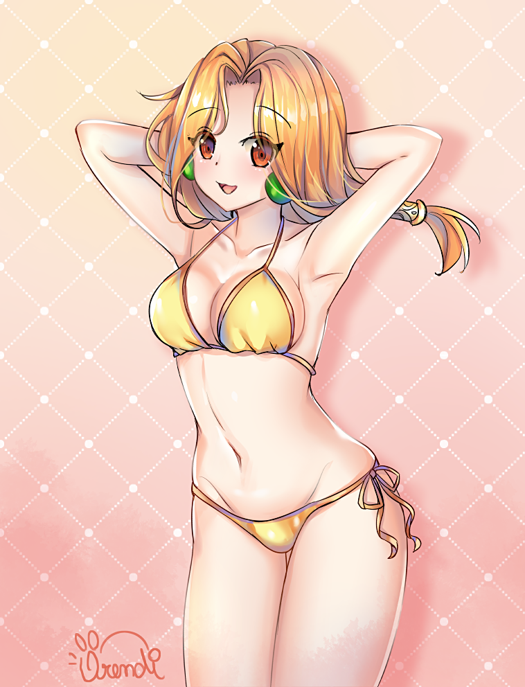 1girl, :3, :d, armpits, arms_behind_head, bikini, breasts, collarbone