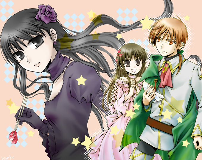 1boy, 2girls, black_eyes, black_hair, brown_eyes, brown_hair, chopsticks, cinderella_(fairy_tale)