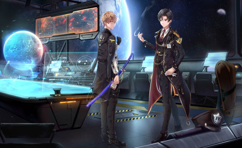 2boys, absurdres, black_eyes, black_footwear, black_gloves, black_hair, black_headwear, black_pants