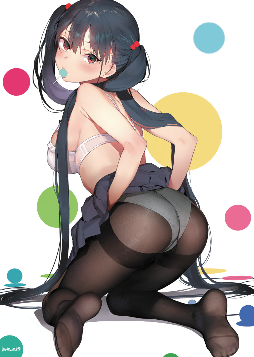 1girl, absurdres, ass, black_hair, blush, bra, breasts, candy