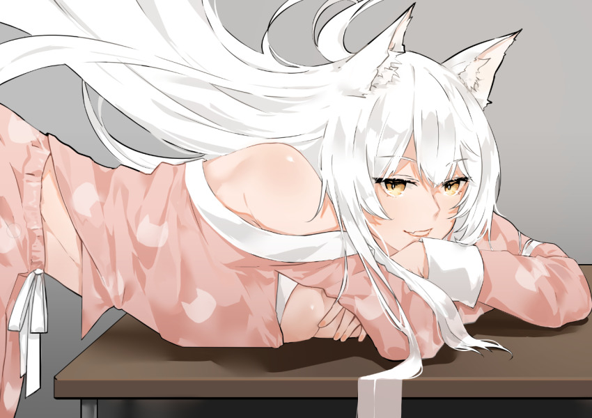 1girl, animal_ears, animal_print, bad_id, bad_pixiv_id, bare_shoulders, bent_over, black_hanekawa