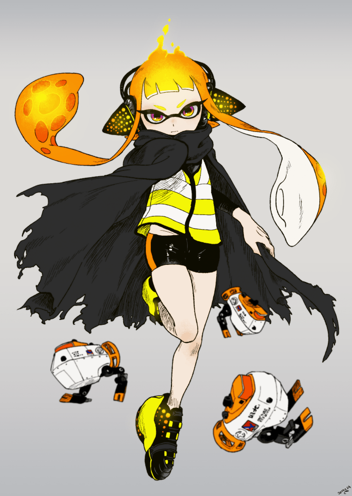 1girl, artist_name, aura, autobomb_(splatoon), black_cape, black_shorts, blunt_bangs, cape