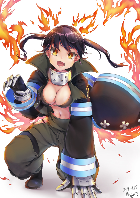 1girl, animal_ears, black_boots, black_bra, black_coat, black_hair, black_panties, boots, bra, breasts, cat_ears, cat_tail, cleavage, clothing_cutout, coat, en'en_no_shouboutai, fang, female_focus, fiery_ears, fiery_tail, fire, firefighter, full_body, grey_pants, hair_between_eyes, hand_on_ground, hand_up, hip_vent, long_hair, looking_at_viewer, medium_breasts, midriff, navel, open_mouth, panties, pants, s86579450, simple_background, solo, squatting, tail, tamaki_kotatsu, tears, underwear, white_background, wide_sleeves, yellow_eyes