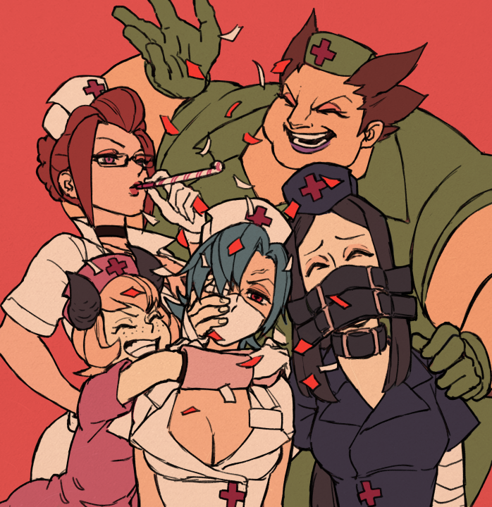 5girls, black_hair, blonde_hair, blue_hair, breasts, brown_hair, choker, christmas_(skullgirls)