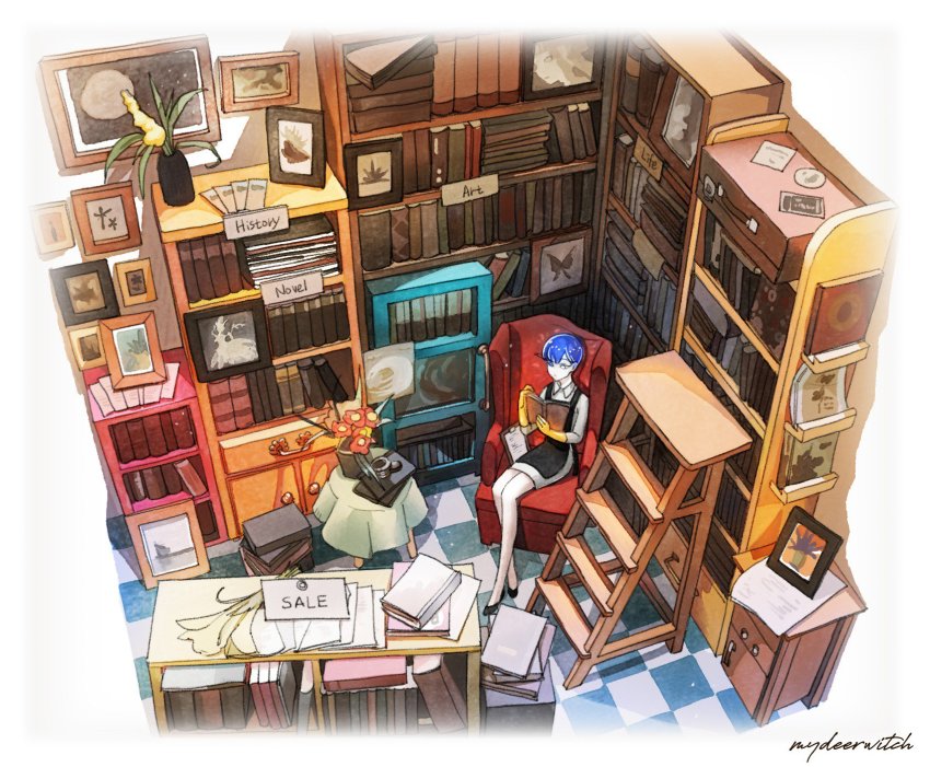 1other, androgynous, apron, armchair, black_apron, blue_eyes, blue_hair, book