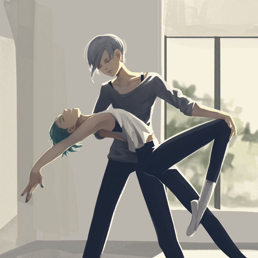 2others, androgynous, antarcticite, aqua_hair, aqua_nails, arched_back, arm_up, backlighting, ballet_slippers, bare_arms, carrying, colored_eyelashes, contemporary, dancing, day, facing_viewer, feet_out_of_frame, grey_hair, grey_nails, grey_shirt, hair_slicked_back, happy, houseki_no_kuni, indoors, leaning_back, leggings, long_sleeves, multiple_others, mydeerwitch, nail_polish, outstretched_arm, pantyhose, phosphophyllite, plantar_flexion, profile, shirt, short_hair, sleeveless, sleeves_rolled_up, smile, socks, sports_bra, standing, standing_on_one_leg, white_legwear, white_shirt