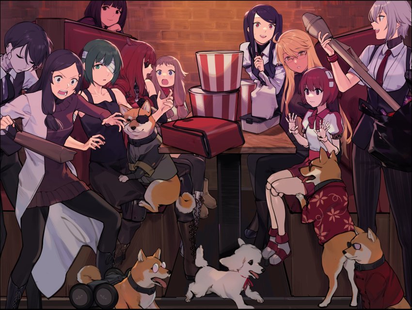 1boy, 6+girls, absurdres, alma_armas, android, animal_ears, anna_graem, bag