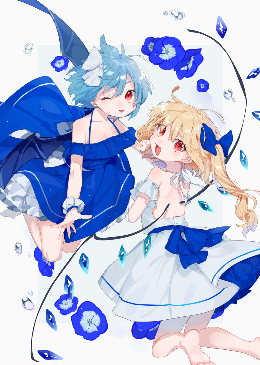 2girls, :d, ahoge, alternate_color, alternate_costume, alternate_wing_color, back, backless_dress