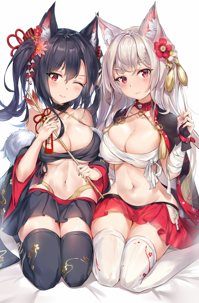 2girls, animal_ear_fluff, animal_ears, arrow_(projectile), azur_lane, bandages, bandaged_arm, black_hair