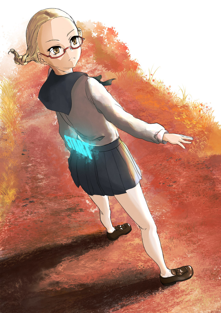1girl, absurdres, black_skirt, braid, brown_eyes, brown_shoes, female_focus, forehead