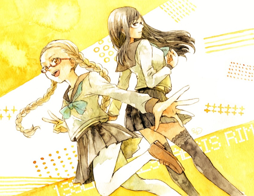 2girls, black_hair, black_legwear, braid, breasts, brown_eyes, brown_footwear, copyright_name