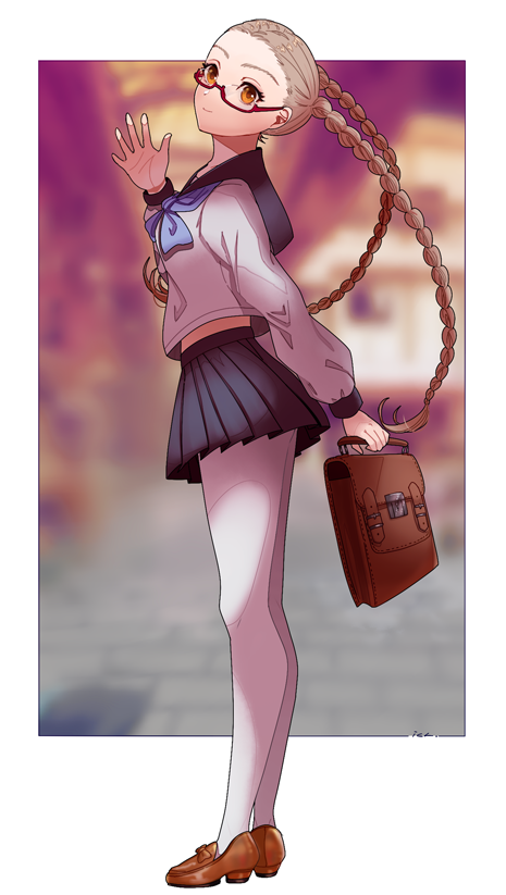 1girl, bag, black_skirt, blurry, blurry_background, bookbag, braid, brown_shoes