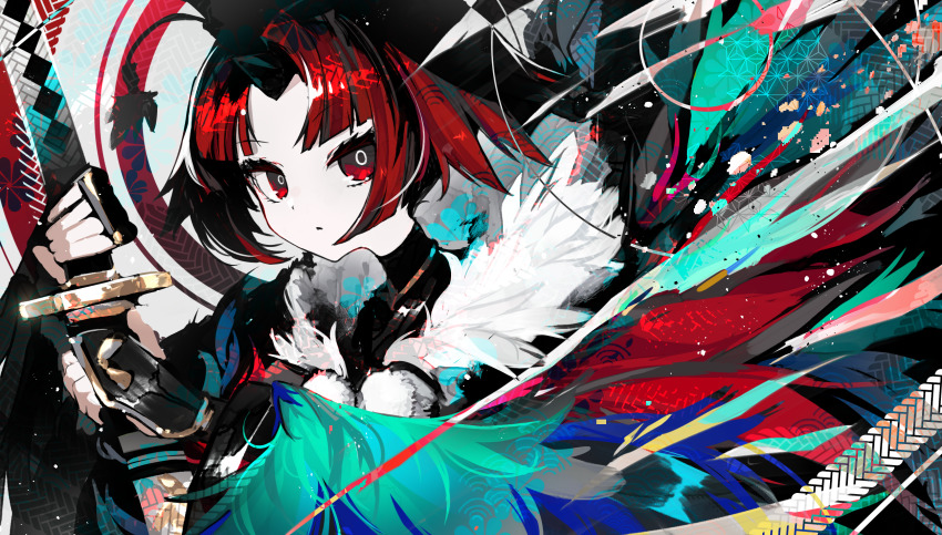 1girl, beni-enma, beni-enma_(third_ascension), bridal_gauntlets, fate/grand_order, fate_(series), feather-trimmed_sleeves, female_focus