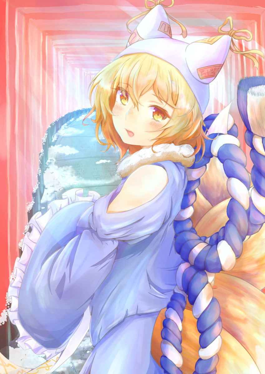 1girl, absurdres, animal_hat, bare_shoulders, blonde_hair, blue_dress, blush, clothing_cutout, commentary_request, cowboy_shot, dress, female_focus, fox_tail, frilled_sleeves, frills, hair_between_eyes, hat, hat_ribbon, head_tilt, highres, juliet_sleeves, long_sleeves, looking_at_viewer, looking_back, mob_cap, multiple_tails, open_mouth, puffy_sleeves, ribbon, rikuwashi, short_hair, shoulder_cutout, solo, standing, tail, touhou, touhou_cannonball, white_hat, wide_sleeves, yakumo_ran, yakumo_ran_(zodiac_race), yellow_eyes, yellow_ribbon