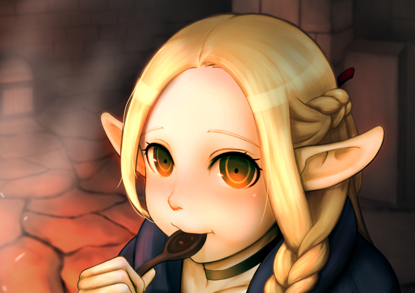 1girl, blonde_hair, blue_robe, braid, brick_wall, dungeon, dungeon_meshi, eating