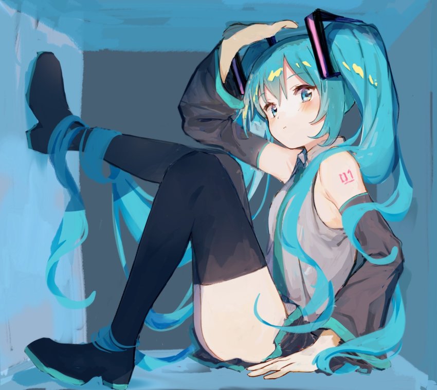 1girl, :t, against_wall, aqua_eyes, aqua_hair, aqua_necktie, bare_shoulders, black_skirt