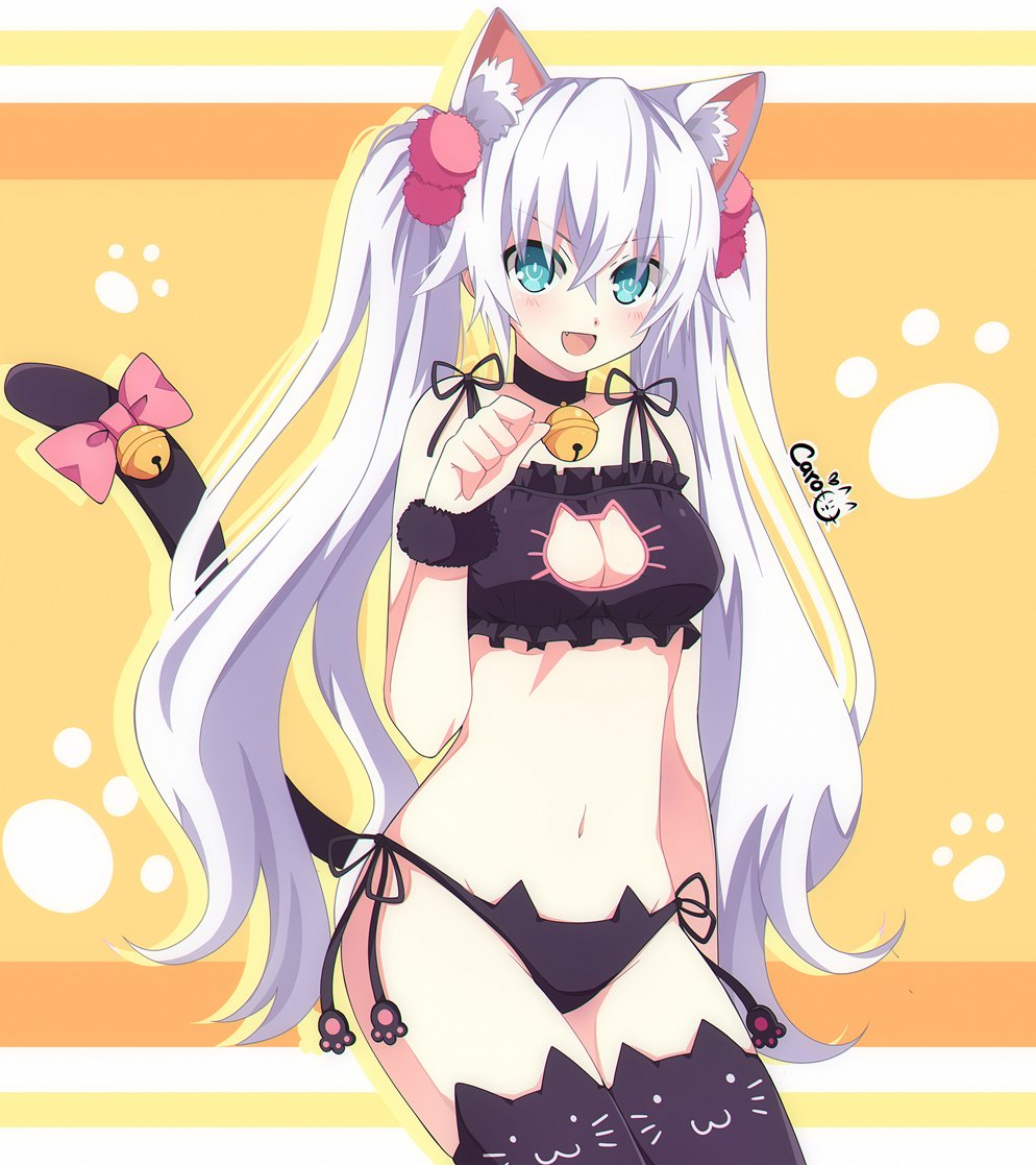 1girl, animal_ears, bare_arms, bare_shoulders, black_heart_(neptunia), breasts, caro-xy, cat_cutout