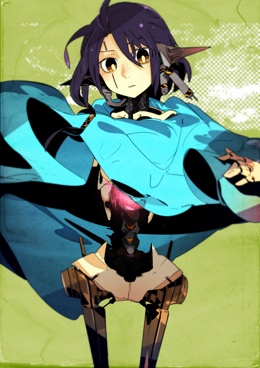 1girl, ahoge, android, blue_hair, blurry, brown_eyes, cable, cowboy_shot