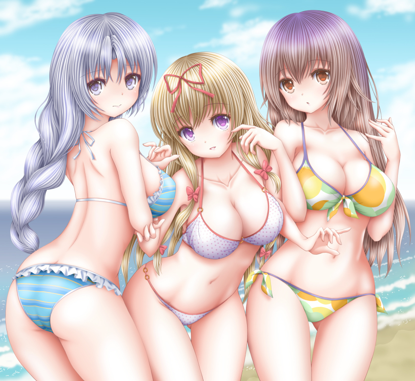 3girls, akino_irori, ass, bare_arms, bare_shoulders, beach, bikini, blonde_hair