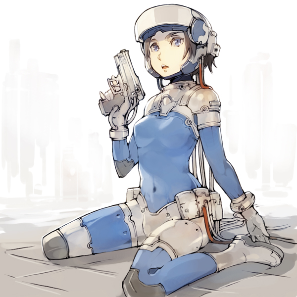 1girl, bodysuit, cable, female_focus, gun, kneeling, original, sitting
