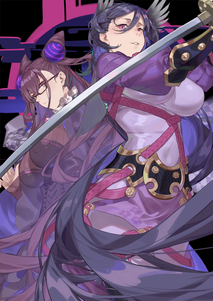 2girls, arm_guards, black_dress, black_gloves, blush, bodysuit, breasts, brown_hair