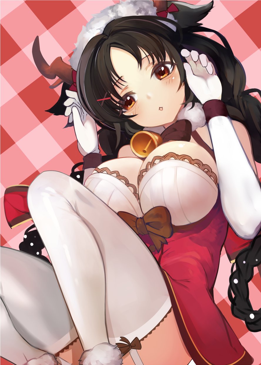 1girl, alternate_costume, animal_ears, azur_lane, bell, black_hair, blush, bow