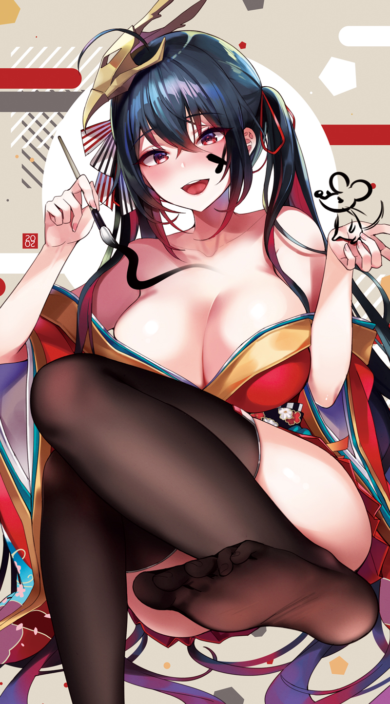 1girl, :d, ahoge, azur_lane, bare_shoulders, black_hair, black_thighhighs, blush, body_writing, breasts, calligraphy_brush, cleavage, commentary_request, convenient_leg, drawing_on_own_face, facial_mark, feet_out_of_frame, female_focus, grey_background, hair_between_eyes, hair_ribbon, hands_up, head_tilt, highres, holding, holding_brush, japanese_clothes, kimono, large_breasts, long_hair, long_sleeves, looking_at_viewer, mask, mask_on_head, mirei, new_year, no_shoes, off_shoulder, open_mouth, paintbrush, red_eyes, red_kimono, red_ribbon, ribbon, sidelocks, smile, solo, taihou_(azur_lane), thighhighs, thighs, twintails, wide_sleeves