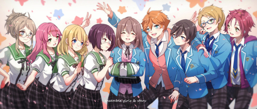 4boys, 5girls, akehoshi_subaru, anzu_(ensemble_stars!), artist_request, bangs_pinned_back, black_hair, blazer