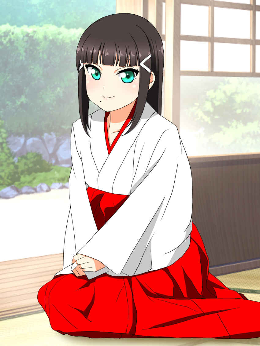 1girl, artist_name, artist_request, black_hair, blush, broom, female_focus, flower, green_eyes, hair_flower, hair_ornament, hairclip, hakama, hakama_skirt, highres, japanese_clothes, kanzashi, kurosawa_dia, long_hair, long_sleeves, looking_at_viewer, love_live!, love_live!_school_idol_festival, love_live!_sunshine!!, miko, mole, mole_under_mouth, ponytail, rainatsu20, red_hakama, sitting, skirt, solo, tassel, wide_sleeves