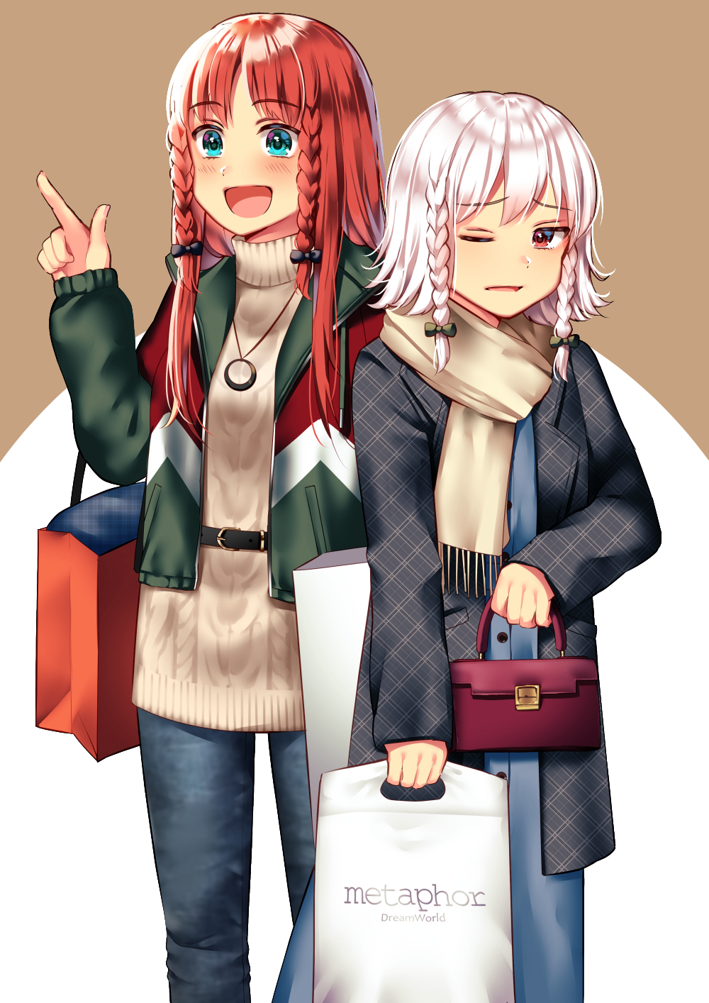 2girls, :d, alternate_costume, bad_id, bad_pixiv_id, bag, belt, black_belt
