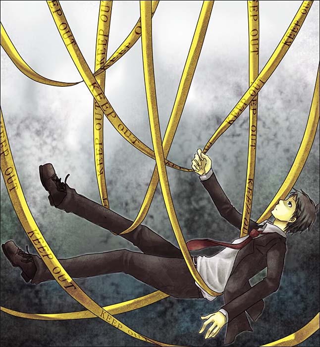 1boy, adachi_tooru, atlus, brown_hair, caution_tape, keep_out, male_focus, necktie, persona, persona_4, ranna-p, solo, spoilers