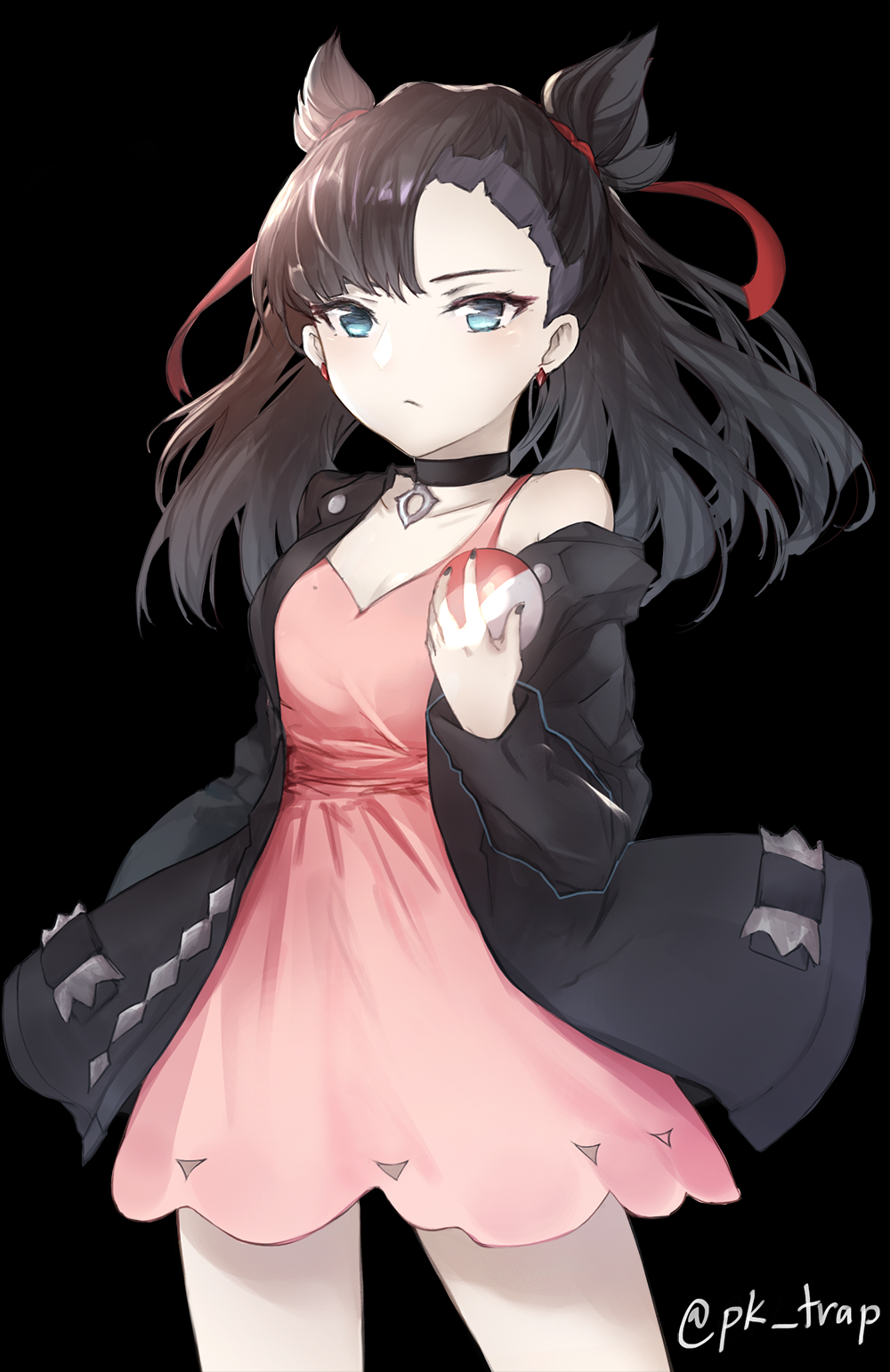 1girl, aqua_eyes, artist_name, asymmetrical_bangs, asymmetrical_hair, bare_shoulders, black_background, black_hair