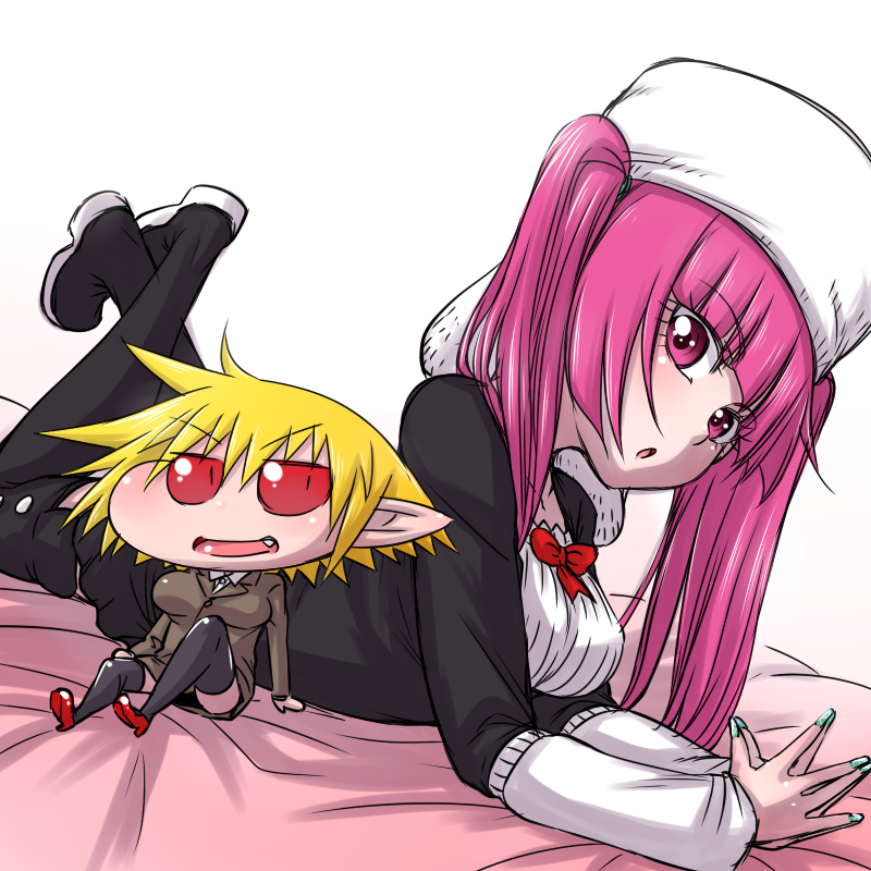 bleach, boots, breasts, dokugamine_riruka, dress, hanya_(hanya_yashiki), hat, hiren_(hanya), long_hair, looking_at_viewer, multiple_girls, nail_polish, open_mouth, original, purple_eyes, purple_hair, short_hair, thigh_boots, thighhighs, twintails