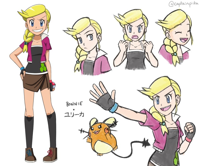 1girl, aged_up, alternate_costume, black_socks, blonde_hair, blue_eyes, bonnie_(pokemon), captainpiika, character_name, collarbone, concept_art, dedenne, determined, english_text, fingerless_gloves, gen_6_pokemon, gloves, hair_ornament, hand_on_own_hip, happy, highres, holding, holding_poke_ball, jacket, kneehighs, mega_pokemon, mega_stone, multicolored_clothes, multiple_views, nintendo, open_mouth, outstretched_hand, poke_ball, poke_ball_(basic), pokemon, pokemon_(anime), pokemon_(creature), pokemon_the_series:_xy, ponytail, print_shirt, purple_jacket, shirt, simple_background, smirk, socks, tagme, teeth, v-shaped_eyebrows, white_background