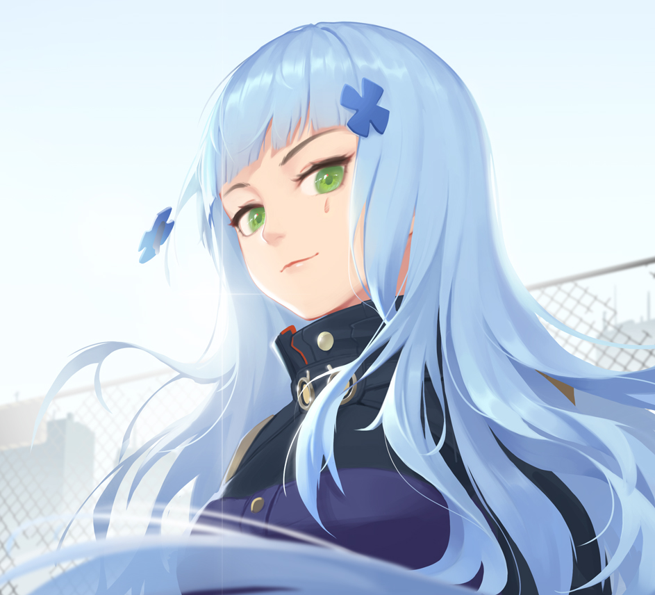 1girl, blunt_bangs, breasts, closed_mouth, collar, day, facial_mark, female_focus