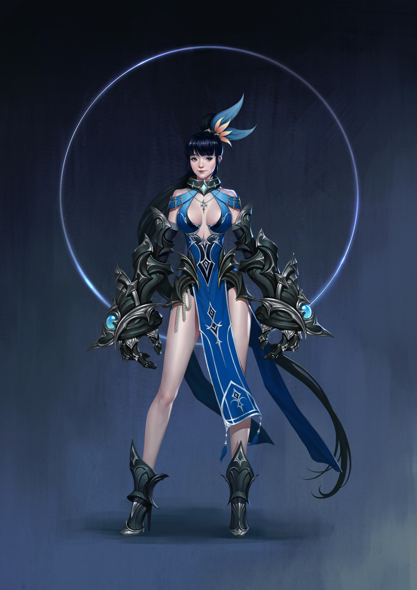 1girl, black_eyes, black_hair, breasts, cheolseung_ok, cleavage, female_focus, flower