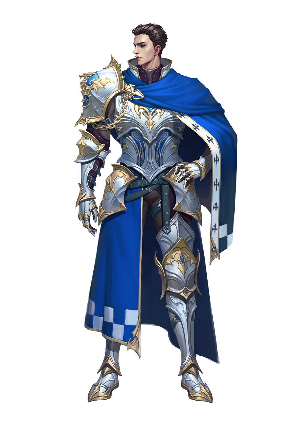 1boy, arm_at_side, armor, belt, black_hair, blue_cape, boots, cape