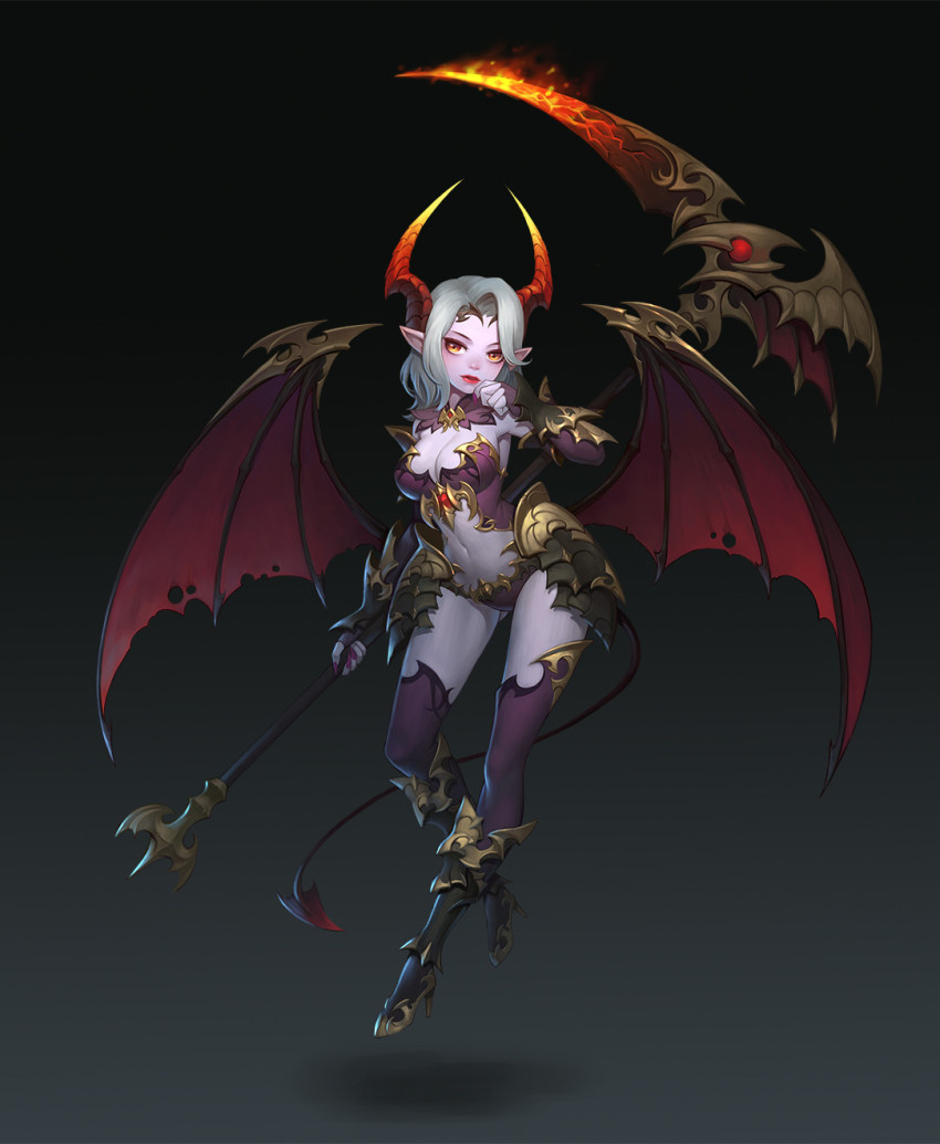 1girl, black_background, breasts, cheolseung_ok, cleavage, colored_skin, demon_girl, demon_horns