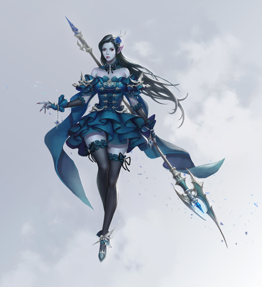 1girl, black_hair, black_thighhighs, blue_dress, breasts, cheolseung_ok, colored_skin, detached_collar