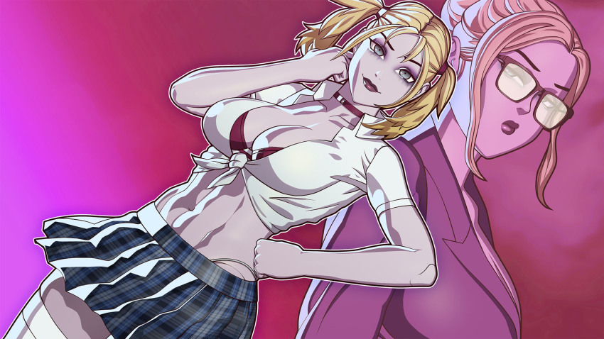 2girls, abs, blonde_hair, blue_eyes, bra, breasts, choker, cleavage, commission, eyeshadow, glasses, hair_bun, highres, jeanette_voerman, lipstick, makeup, mila_the_mute, multiple_girls, navel, pale_skin, pleated_skirt, red_bra, school_uniform, siblings, single_hair_bun, sisters, skirt, smile, therese_voerman, twins, twintails, underwear, vampire, vampire:_the_masquerade_-_bloodlines, world_of_darkness