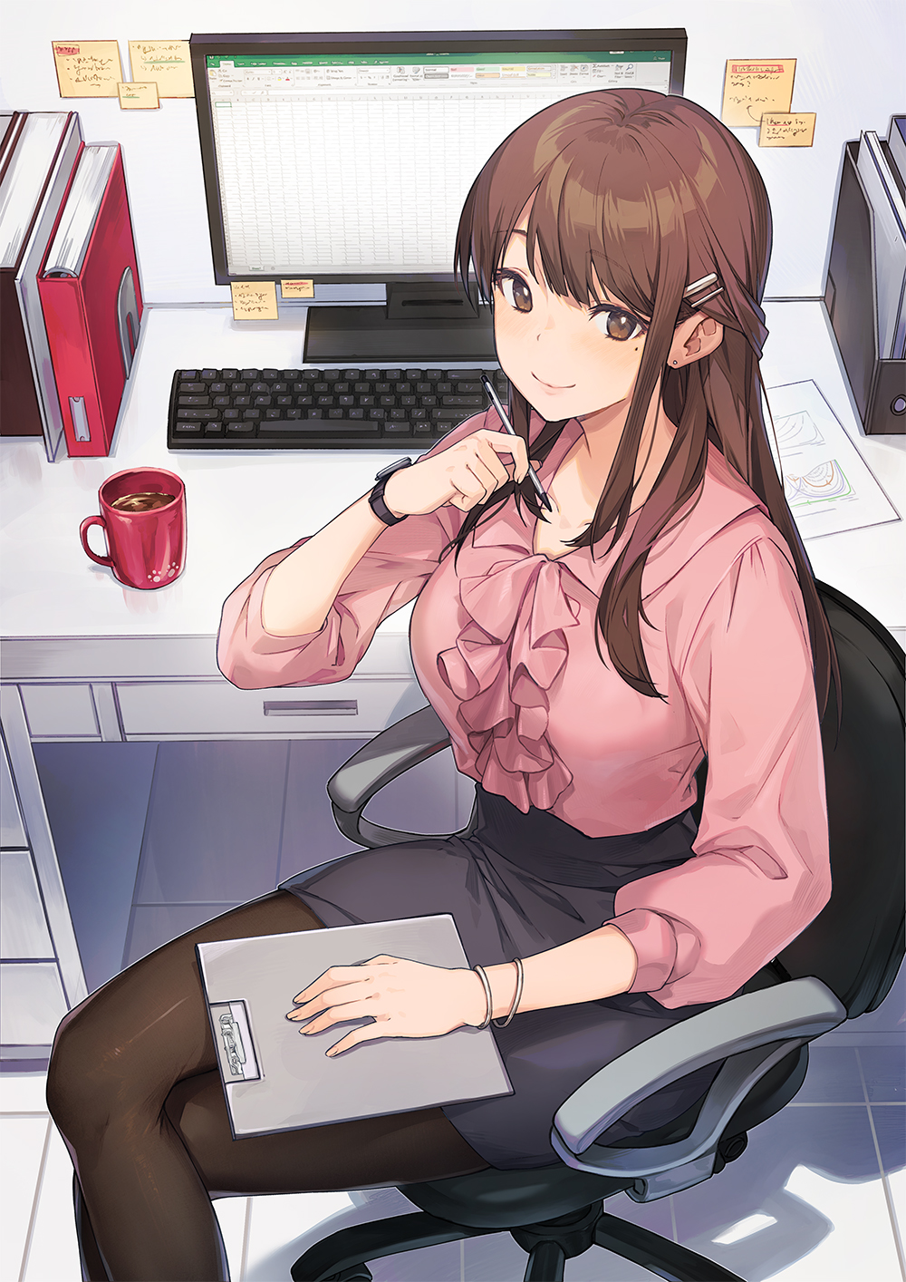 1girl, binder, bracelet, brown_hair, chair, clipboard, closed_mouth, coffee_mug, computer, computer_keyboard, crossed_legs, cup, desk, female_focus, from_above, hair_ornament, hairclip, highres, holding, holding_pen, jewelry, long_hair, looking_back, microsoft_excel, miniskirt, mole, mole_under_eye, monitor, mug, nagu, office, office_chair, office_lady, on_chair, original, pantyhose, paper, pen, pencil_skirt, pink_shirt, shirt, sidelocks, sitting, skirt, smile, solo, spreadsheet, sticky_note, swivel_chair, tile_floor, tiles, watch, wristwatch