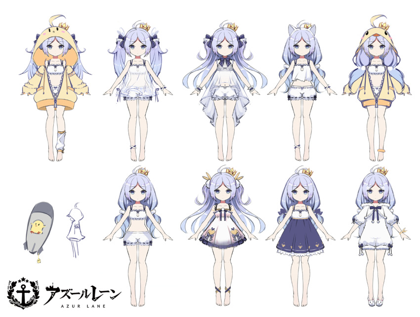 1girl, ahoge, animal_ears, azur_lane, blue_eyes, blush, bow, reference_sheet, concept_art, copyright_name, crown, dress, flat_chest, hair_ornament, hood, jacket, jupiter_(azur_lane), jupiter_(fanclub_sleepover)_(azur_lane), leg_warmers, long_hair, long_sleeves, looking_at_viewer, manjuu_(azur_lane), mini_crown, multiple_views, parted_bangs, pom_pom_(clothes), purple_hair, shorts, standing, tilted_headwear, torpedo, twintails, two_side_up, vilor, watermark, white_dress, white_leg_warmers, white_legwear, yellow_jacket, zipper