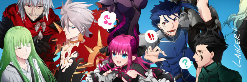 !, !!, 1other, 2girls, 5boys, armor, black_hair, blue_hair