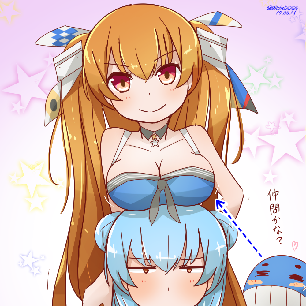 2girls, blue_hair, breast_envy, breast_rest, breasts, breasts_on_head, brown_eyes, double_bun