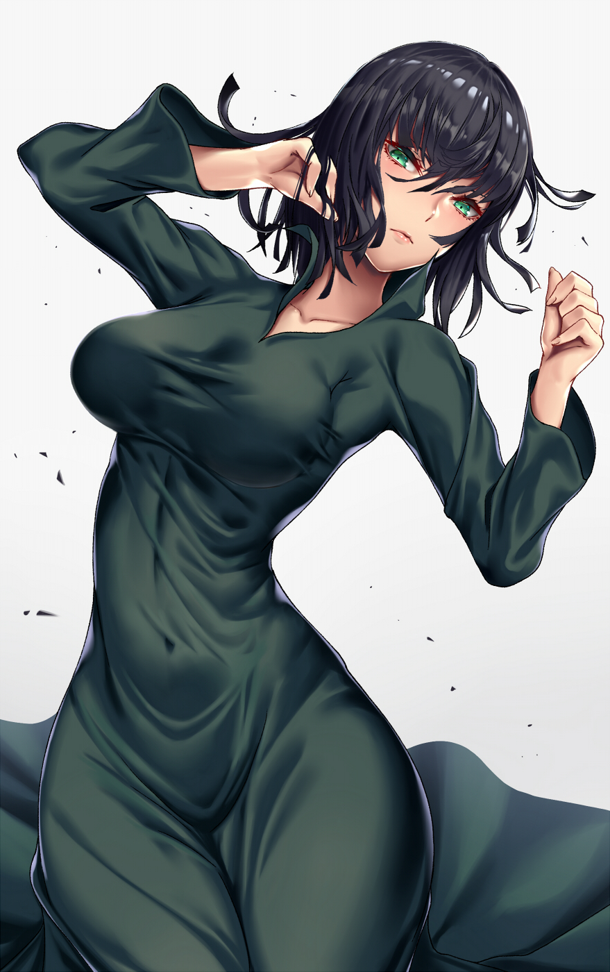 1girl, black_hair, breasts, closed_mouth, collared_dress, covered_navel, cowboy_shot, dress